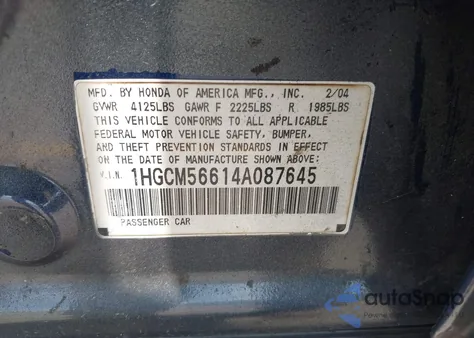 2004 Honda Accord 2.4 Ex из США, поврежденный, VIN 1HGCM56614A087645